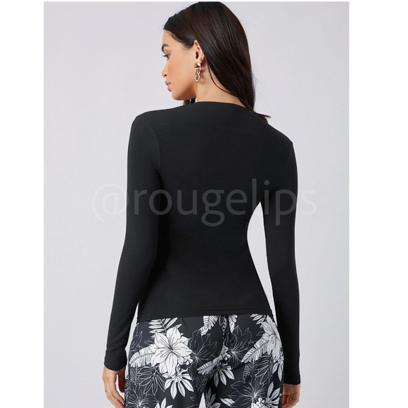 Black Square Neck Long Sleeve Slim Fitted Tee Shirt - Picture 2 of 7